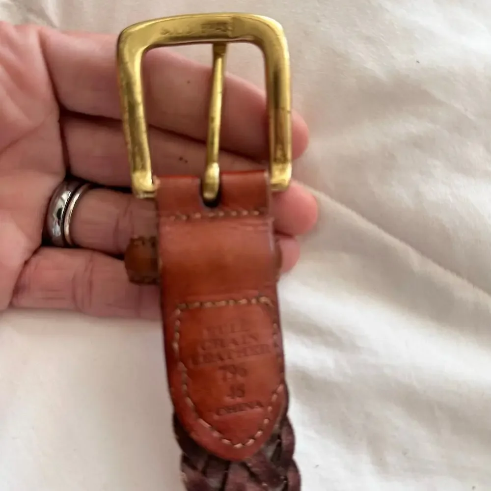 Vintage Braided Belt Full Grain Leather Solid Brass Buckle Brown Size 46